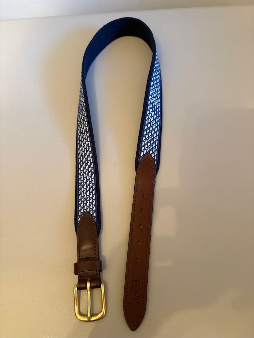 Vineyard Vines Navy Woven Belt with Brown Leather Trim and Gold Buckle